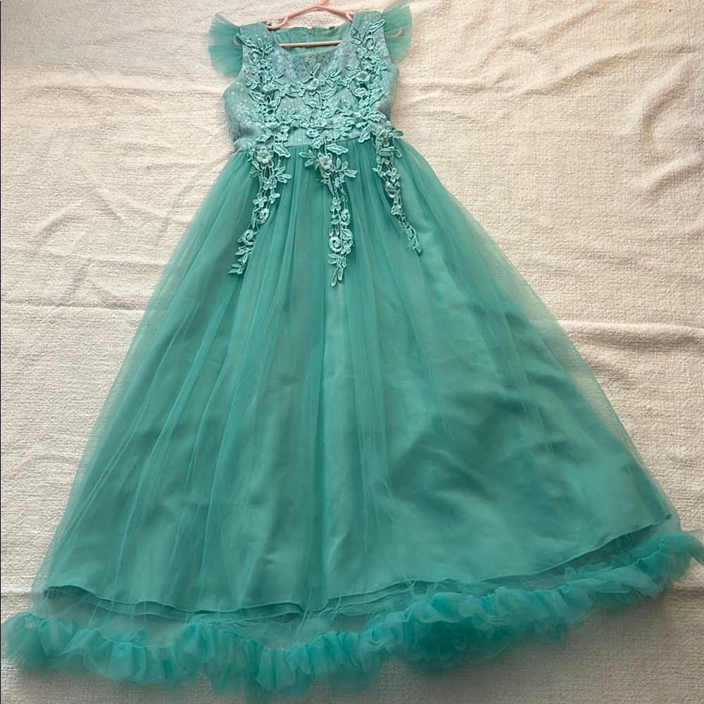 Girls Dress Amazon Blue and Green Embellished Tiered Gown for Weddings